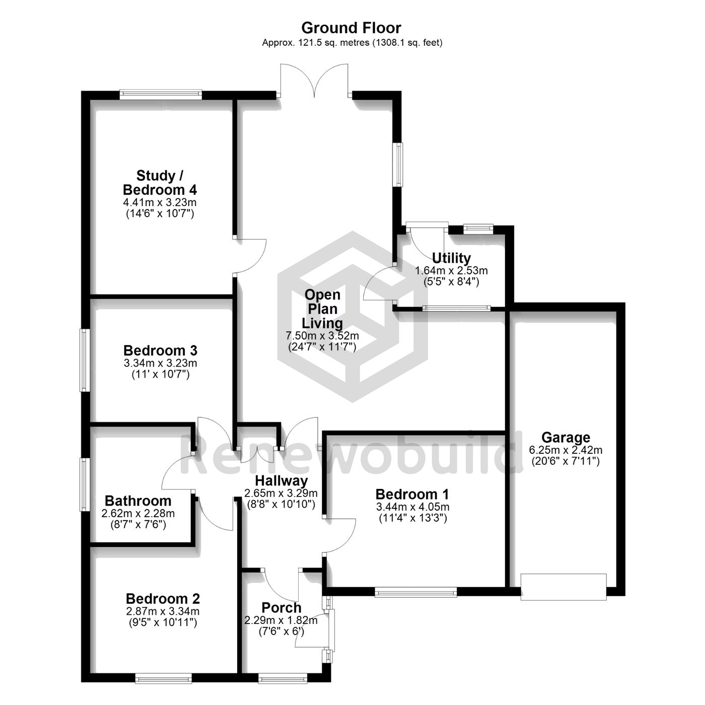 Example floor plan: four-bedroom bungalow, approx. 121.5 square metres