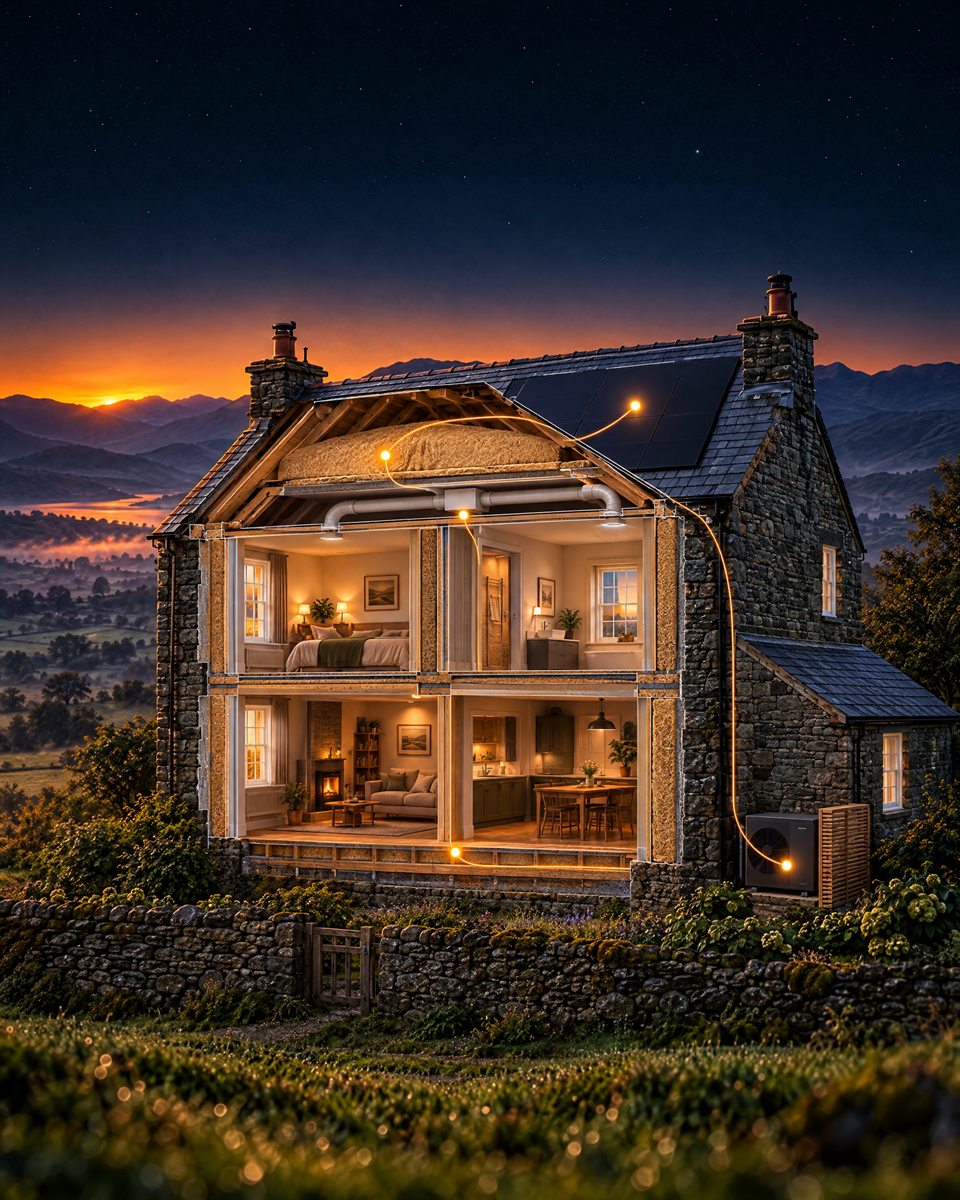 Cutaway of a traditional Cumbrian stone cottage showing a whole-house retrofit: wall, loft and floor insulation, ventilation, a heat pump and solar panels, linked in sequence