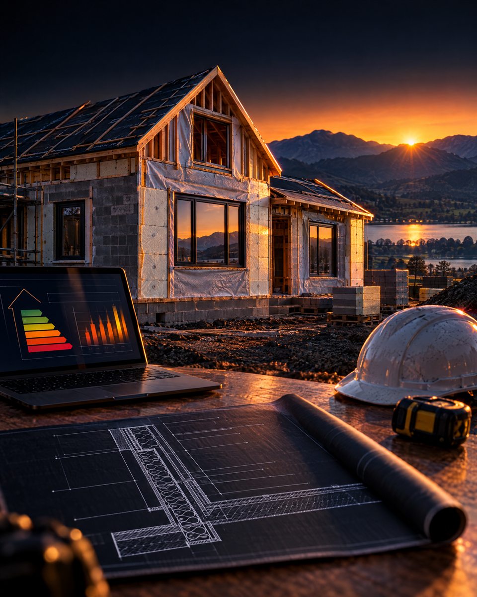 New-build home under construction at sunrise, with insulation visible in the walls, a wall section drawing and an energy rating on a laptop